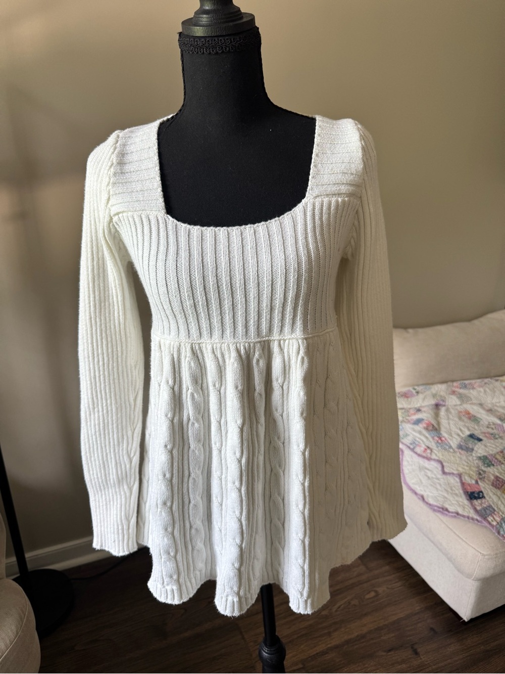 Y2K Cream Cable Knit Square Neck Sweater Tunic